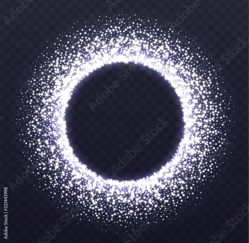 Glowing circle frame with sparkles. Flying silver dust isolated on transparent background. New Year, Christmas, wedding, party design element.