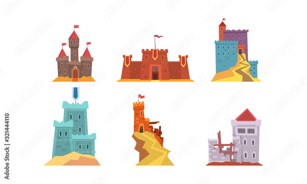 Medieval Fairytale Castles Collection, Ancient Stone Fortified Fortresses and Palaces Vector Illustration