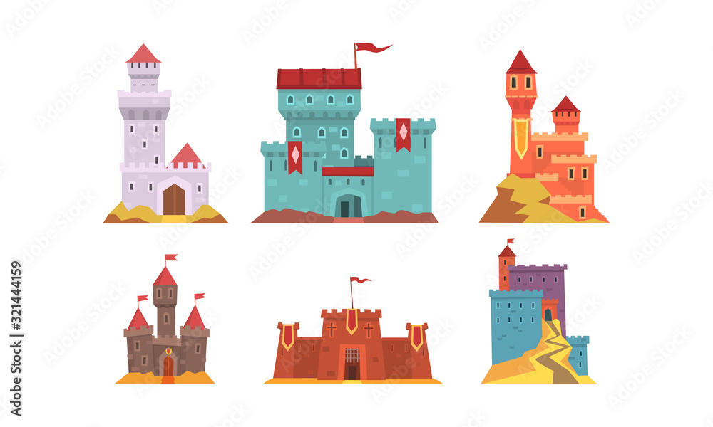 Medieval Fairytale Castles Collection, Ancient Fortified Fortresses and Palaces with Flags Vector Illustration