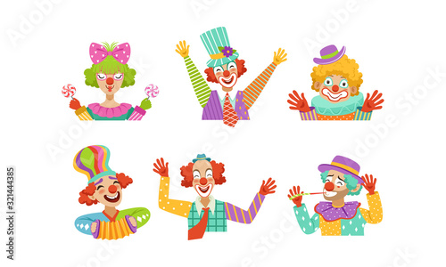 Cute Funny Clowns Collection, Cheerful Circus Cartoon Characters, Birthday or Carnival Party Design Element Vector Illustration © topvectors
