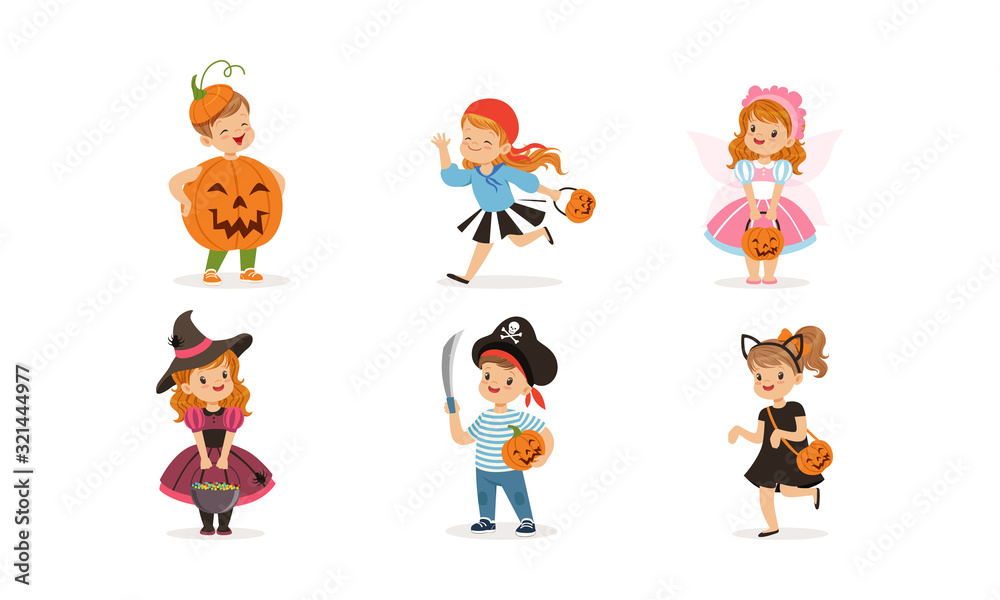 Cute Boys and Girls in Halloween Costumes Collection, Children Celebrating Holidays Wearing as Pumpkin, Witch, Pirate, Butterfly, Cat Vector Illustration Cute Boys and Girls in Halloween Costumes Collection, Children Celebrating Holidays Wearing as Pumpkin, Witch, Pirate, Butterfly, Cat Vector Illustration