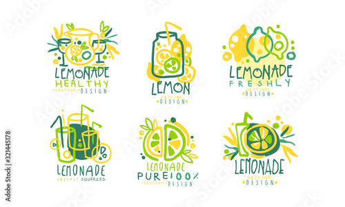 Fototapeta Naklejka Na Ścianę i Meble -  Healthy Lemonade Logo Templates Original Design, Pure Freshly Drink Hand Drawn Badges Vector Illustration