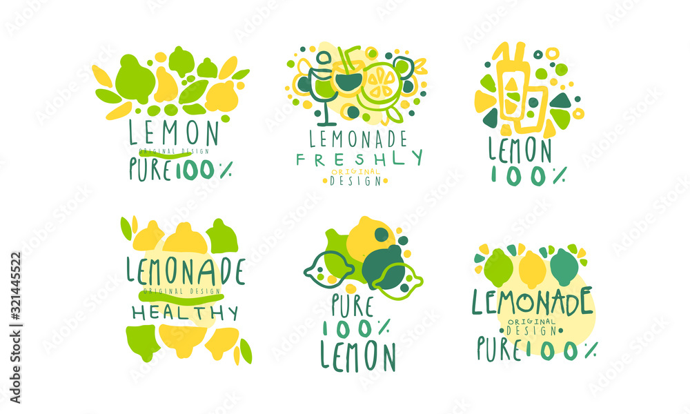 Healthy Lemonade Logo Templates Original Design,100 Percent Pure Lemon Drink Hand Drawn Badges Vector Illustration