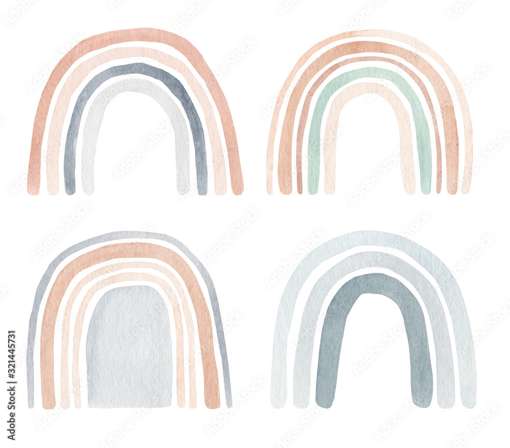 Cute watercolor colorful rainbow card. Fashion print or poster. Hand drawn cute set illustration of rainbow. Contemporary art.