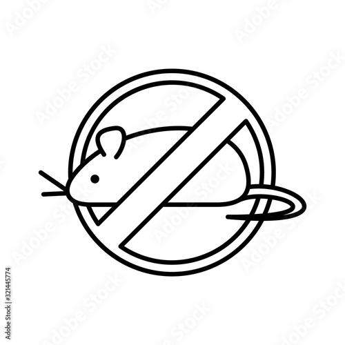 Round sign for extermination of rodents. Line art icon of crossed out big mouse in circle. Black illustration for chemical disinfection company. Contour isolated vector logo on white background