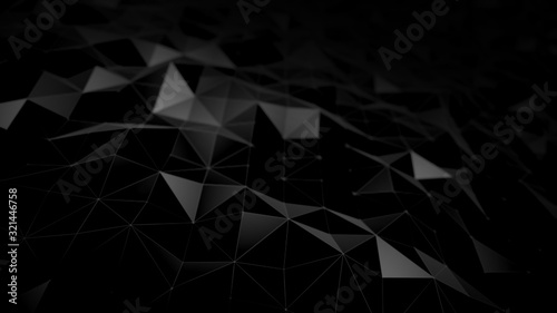 abstract background black dark low poly triangles . geometric shapes technical science wallpaper , glamour fashion sparkle of bloom defocus bokeh dots . raster render 3d 4k