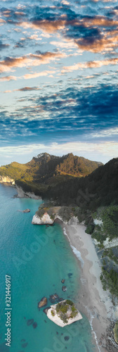 Aerial view of Cathedral Cove at sunset, Coromandel Peninsula, New Zealand
