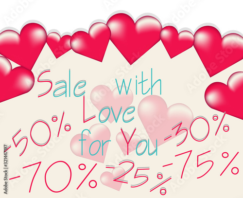 Valentines day sale banner with big rose hearts floating