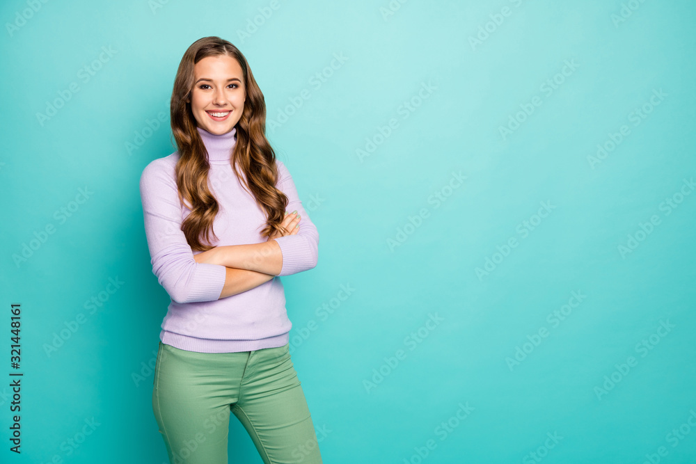 Photo of beautiful amazing business lady hold hands crossed reliable worker company assistant wear purple pullover green trousers isolated teal blue pastel color background Photo of beautiful amazing business lady hold hands crossed reliable worker company assistant wear purple pullover green trousers isolated teal blue pastel color background