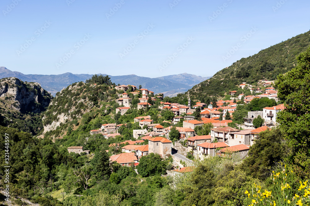 View of the village Stemnitsa in the mountains on a sunny day (district Arcadia, Peloponnese, Greece).
