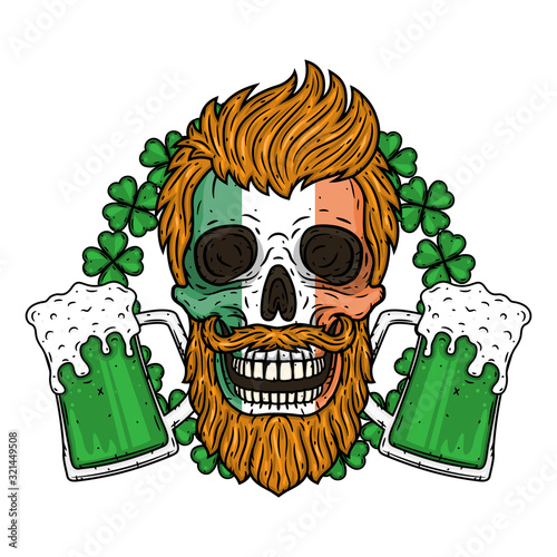 Irish skull. The skull of Saint Patrick's with glass beer and clover leaves.