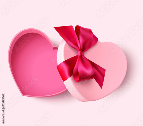 Decorative open gift box in heart shape with decorative pink bow. Vector illustration. Valentines day decoration