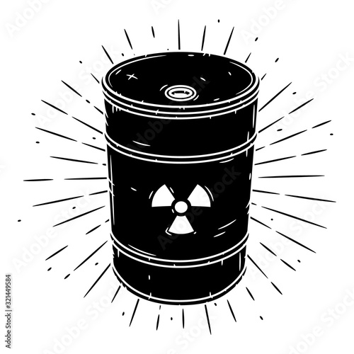 Barrel with radioactive waste. Hand drawn vector illustration with barrel and sunburst.