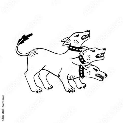Magical creatures set. Mythological animal - cerberus. Doodle style black and white vector illustration isolated on white background. Tattoo design or coloring page, Line Art.