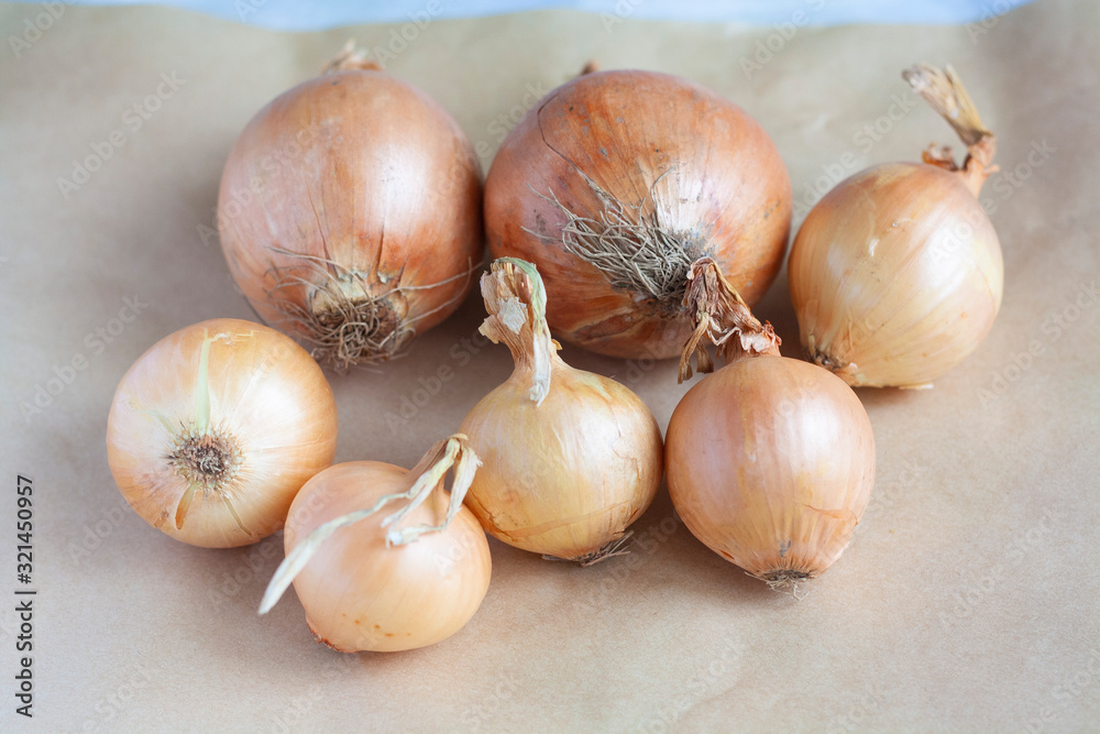 Vegetables, a few onions on a light paper Vegetables, a few onions on a light paper