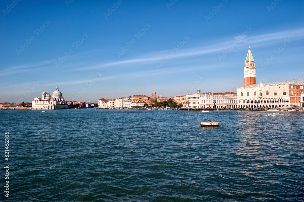 View from the sea to Venice with the Campanile di San Marco and the Doge's Palace, Italy