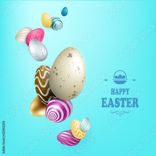 Light blue Easter composition with a set of eggs of various colors