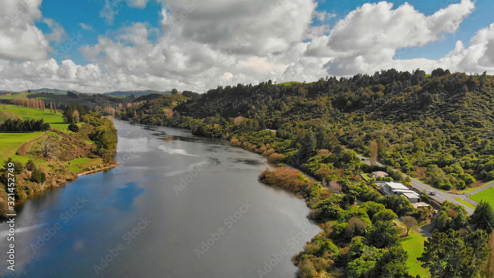 New Zealand aerial view. Meadows and river