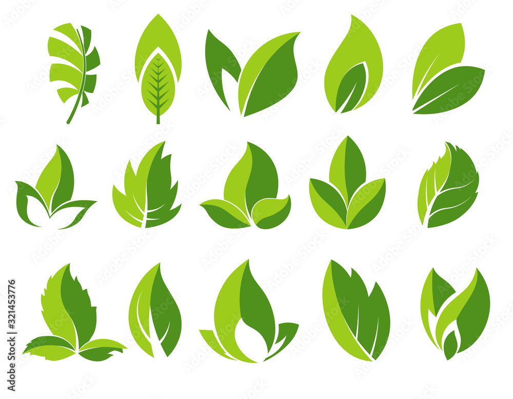 Green leaf and leaves abstract icons set - obrazy, fototapety, plakaty 