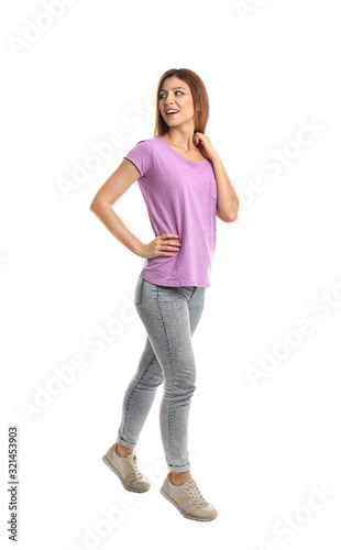 Full length portrait of pretty woman on white background