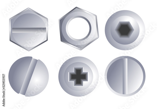 Hex bolt and nut hardware parts in chrome top view