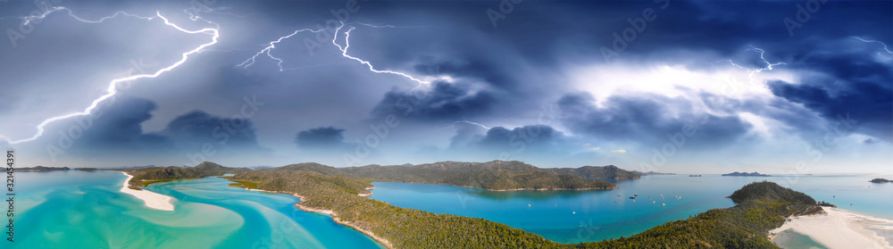 Whitehaven Beach from drone, amazing aerial view with approaching storm, Queensland, Australia