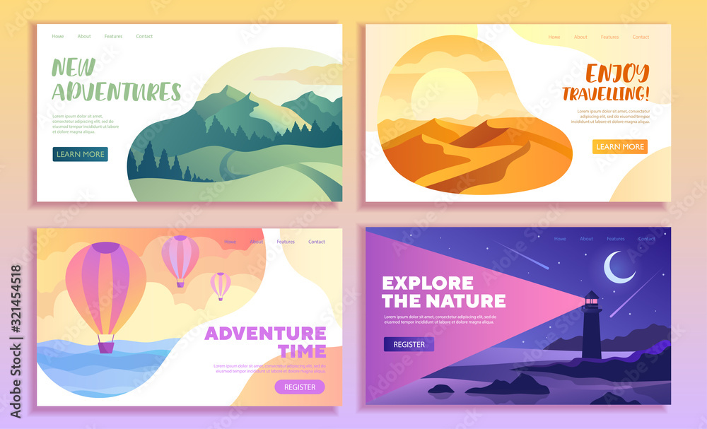 Four web travel templates with text copy space showing green mountains, desert dunes, hot air balloon flight and a light house at night, colored vector illustrations