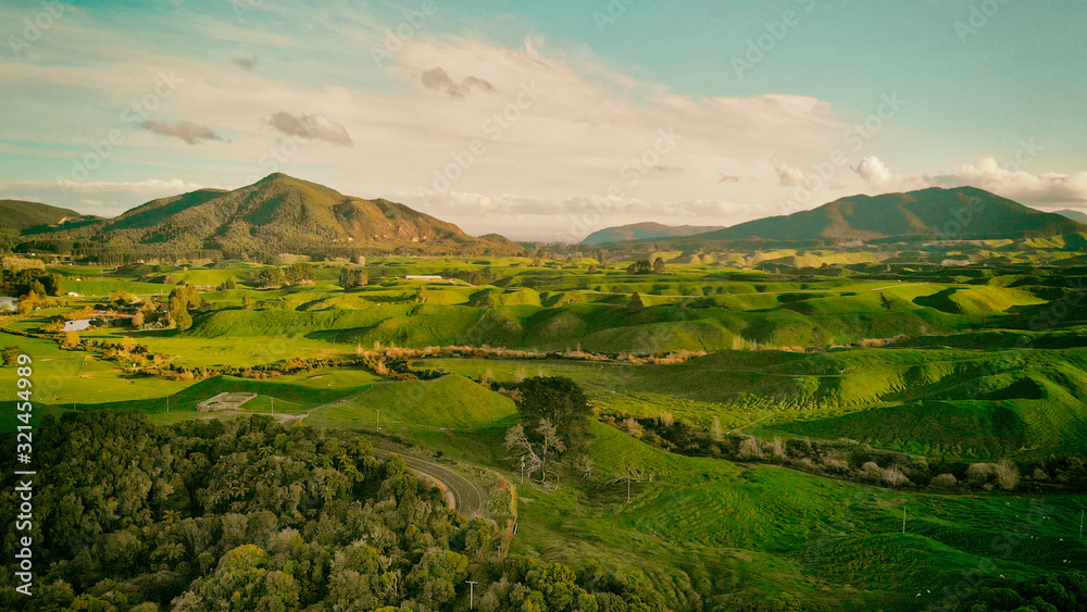 Aerial view of amazing hills and countryside with a beautiful sky