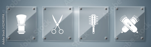Set Crossed electrical hair clipper or shaver, Hairbrush, Scissors hairdresser and Shaving brush. Square glass panels. Vector