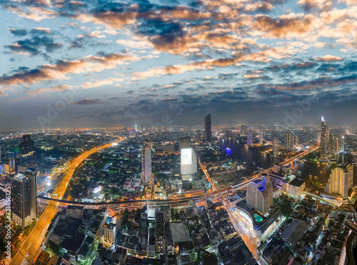 Aerial view of Bangkok skyscrapers at night, Thailand