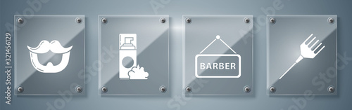 Set Hairbrush, Barbershop, Shaving gel foam and Mustache and beard. Square glass panels. Vector