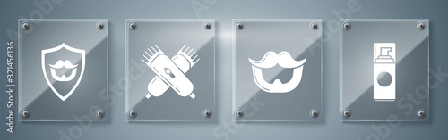 Set Shaving gel foam, Mustache and beard, Crossed electrical hair clipper or shaver and Mustache and beard on shield. Square glass panels. Vector