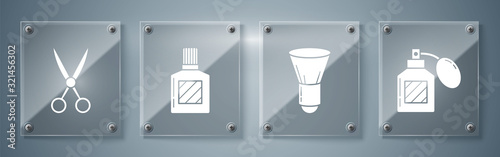 Set Aftershave, Shaving brush, Aftershave and Scissors hairdresser. Square glass panels. Vector