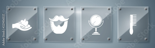 Set Hairbrush, Hand mirror, Mustache and beard and Shaving gel foam on hand. Square glass panels. Vector