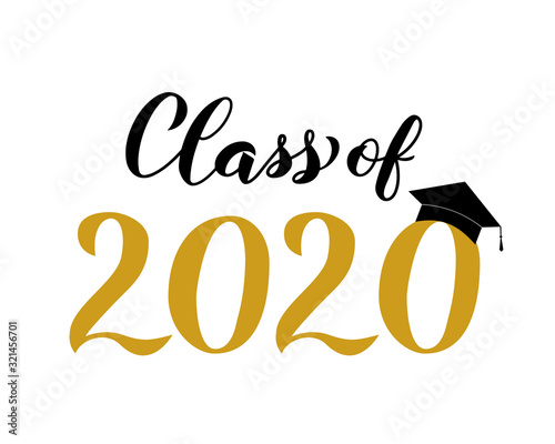 Class of 2020 lettering with graduation hat isolated on white. Congratulations to graduates typography poster. Easy to edit vector template for greeting card, banner, sticker, label, t-shirt, etc.