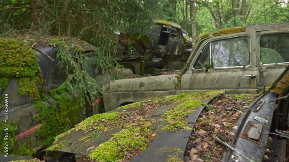 Old abandoned cars are covered with filth, rust and green moss. Steadicam shot, 4K Old abandoned cars are covered with filth, rust and green moss. Steadicam shot, 4K