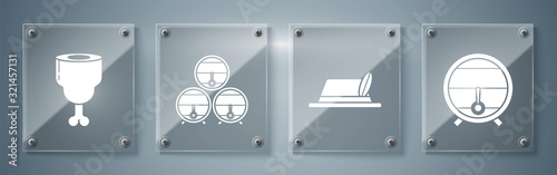 Set Wooden barrel on rack with stopcock, Oktoberfest hat, Wooden barrel on rack with stopcock and Chicken leg. Square glass panels. Vector