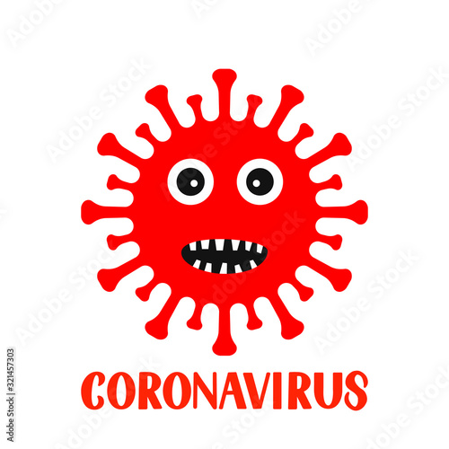 Corona Virus cartoon character and lettering isolated on white background. Pathogen respiratory coronavirus 2019-nCoV from Wuhan, China. Vector template for typography poster, banner, flyer, etc.