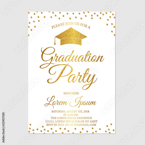 Graduation party invitation card template. Gold glitter polka dots grad party invite. Graduation celebration announcement. Vector illustration.
