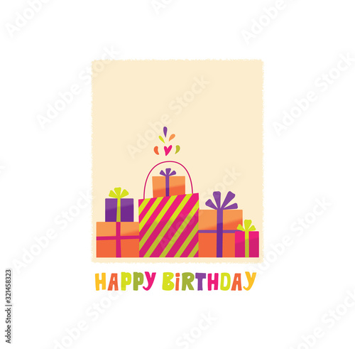  Vector illustration of happy birthday  eve in semi flat style. Greeting card,  poster, postcard, invitation,banner. Free hand drawing lettering for celebration. Present in box and packet.