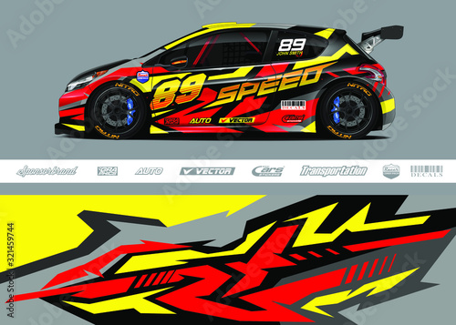 Race car livery design vector. Graphic abstract stripe racing background designs for vinyl wrap  race car  cargo van  pickup truck and adventure. Full vector Eps 10.