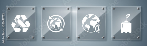 Set Sprout in bottle, Earth globe and leaf, Planet earth and a recycling and Recycling plastic bottle. Square glass panels. Vector