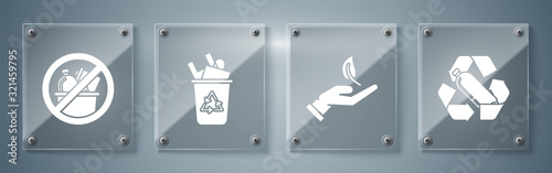 Set Recycling plastic bottle, Sprout in hand of environmental protection, Recycle bin with recycle symbol and No trash. Square glass panels. Vector