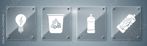 Set Stop ocean plastic pollution, Plastic bottle, Recycle bin with recycle symbol and Light bulb with lightning symbol. Square glass panels. Vector