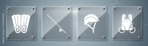 Set Parachute, Bicycle helmet, Surfboard and Rubber flippers for swimming. Square glass panels. Vector