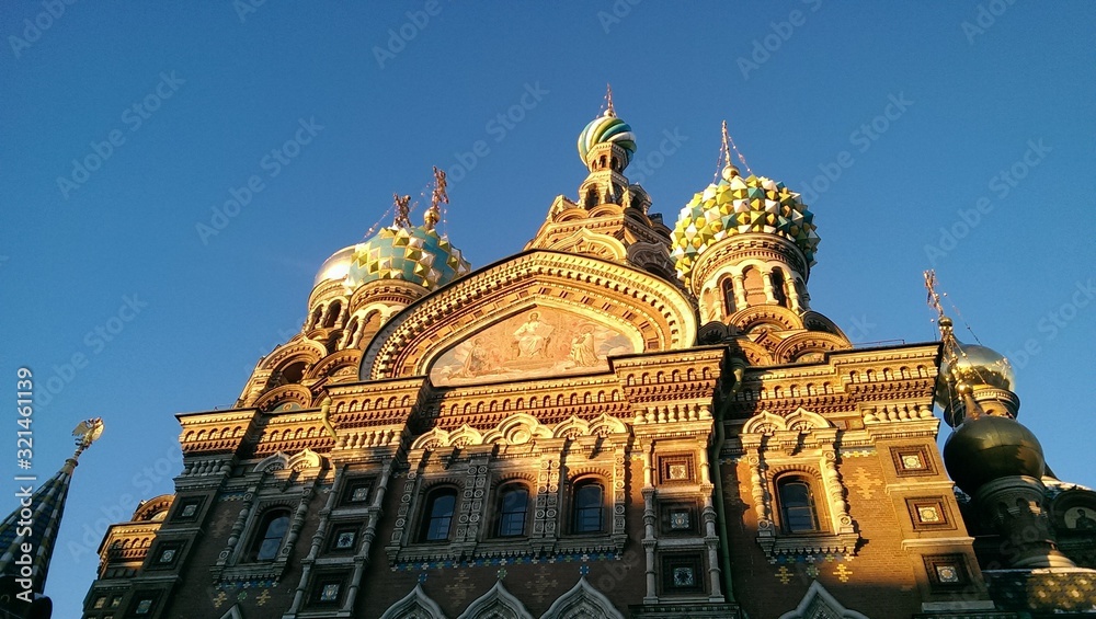 Sunrise on a church in saint petersburg, Russia.