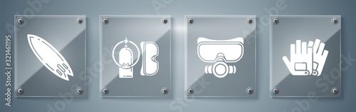 Set Gloves, Diving mask, Diving mask and aqualung and Surfboard. Square glass panels. Vector