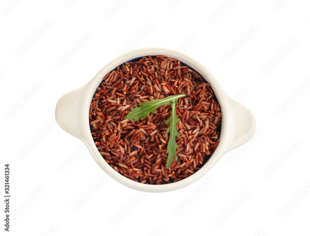 Delicious brown rice in bowl isolated on white, top view Delicious brown rice in bowl isolated on white, top view