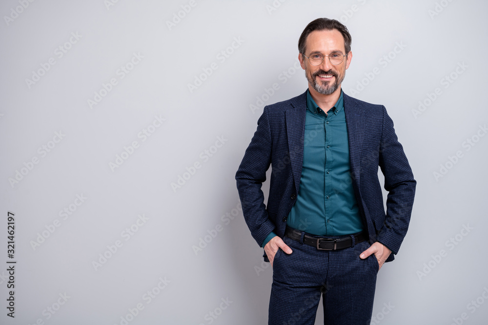 Photo of attractive business man skilled professional self-confident friendly toothy smiling formalwear blazer shirt trousers blue suit specs isolated grey color background - obrazy, fototapety, plakaty 