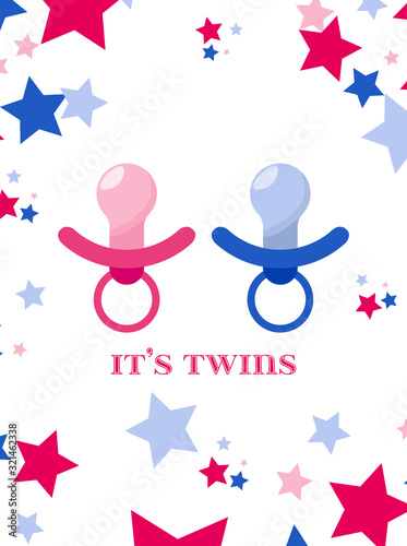 Baby announcement, Happy birthday party, It's twins - girl and boy. Invitation for baby shower